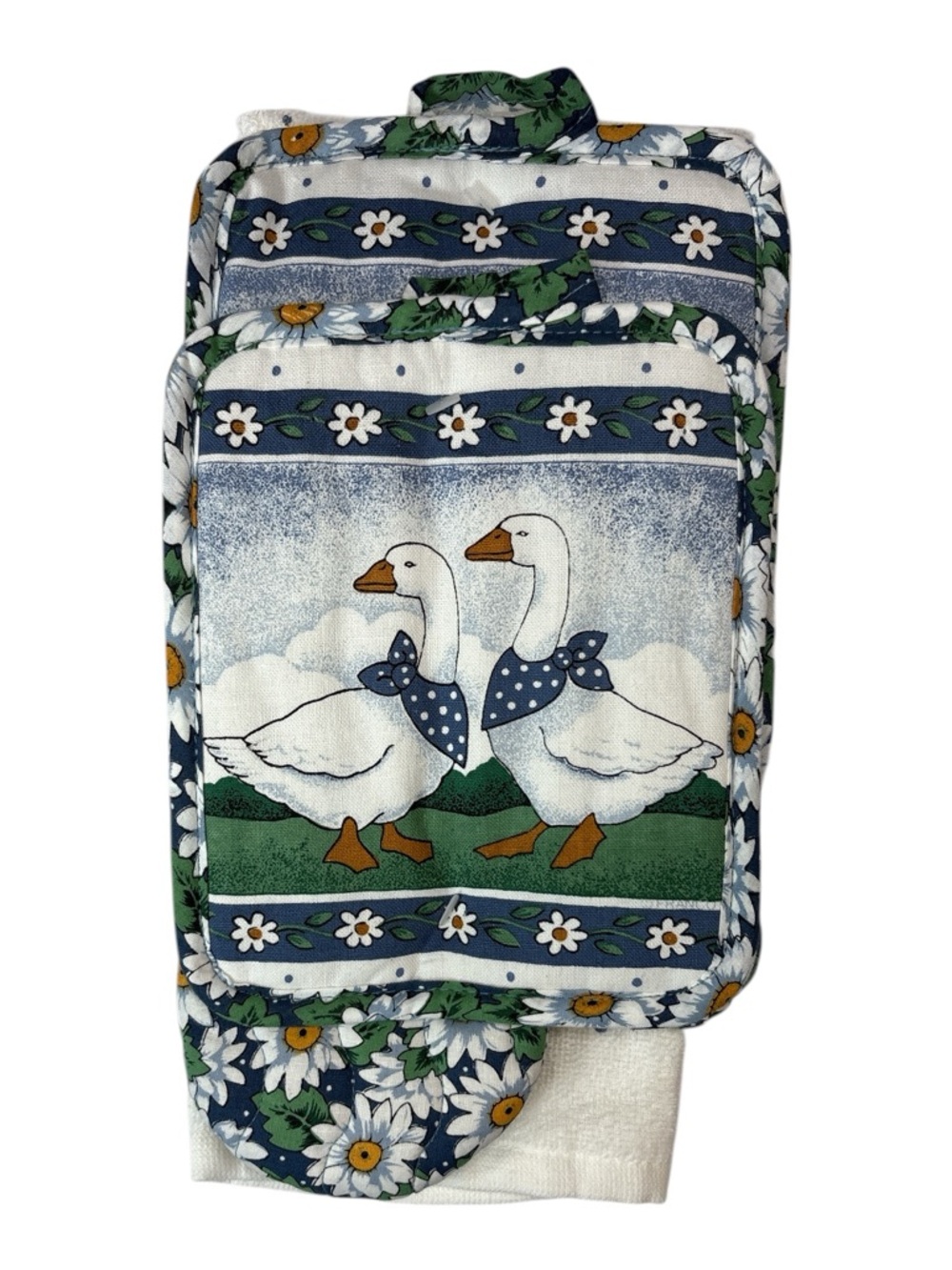Vintage Kitchen Towel Set Goose Geese Gander Cottage White Daisy Country NWOT
